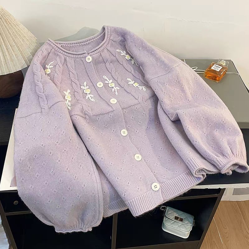 【outer】フラワー刺繡柄ニットカーディガン Q7739