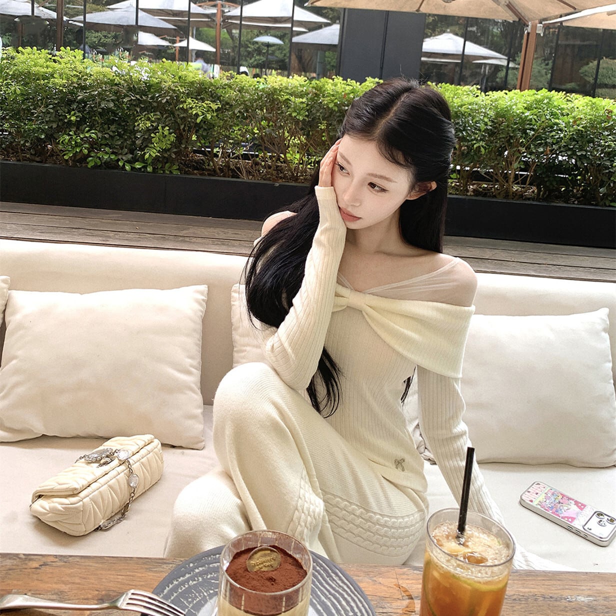 【tops】チュールドッキングリボンニットトップス　N3490