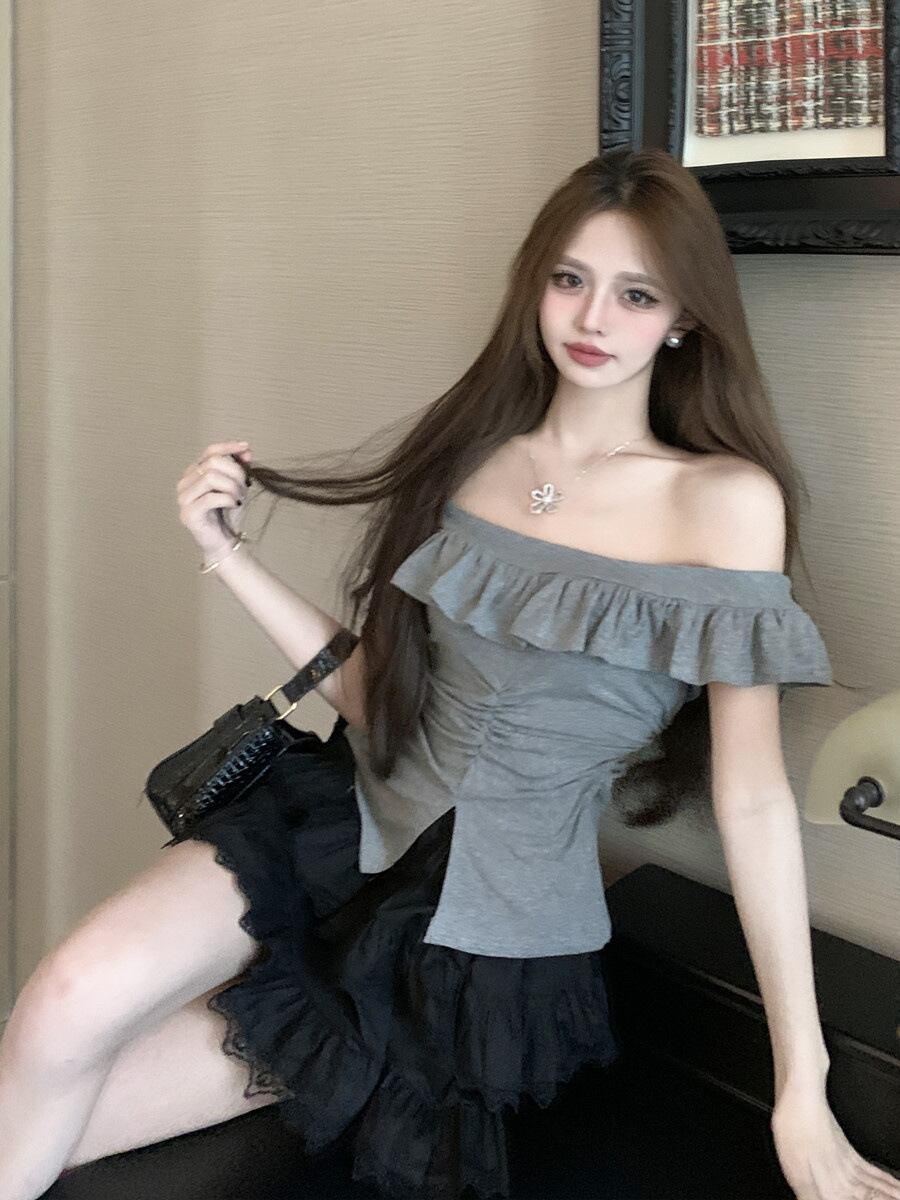 【tops】オフショルダーフリルTシャツトップスG21340