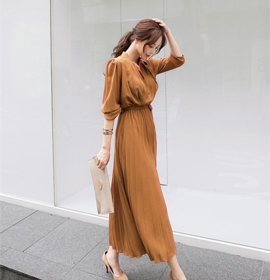 【dress】韓国風 好感度UP!気質満点レトロ着痩せ長袖シフォンワンピース