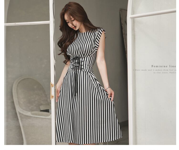 【dress】夏好感度UP!韓国風気質満点レトロラウンドネックストライプ柄ワンピース