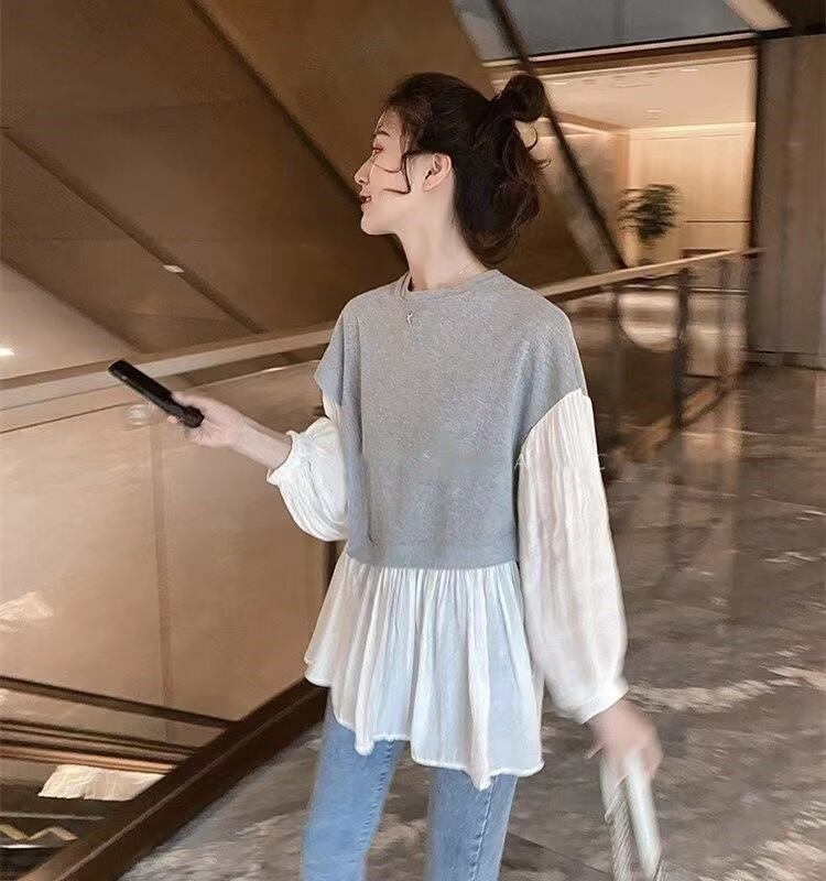 【tops】話題沸騰中ラウンドネック長袖ランタンスリーブ韓国風配色フリル偽二つ切り替えブラウスF1763