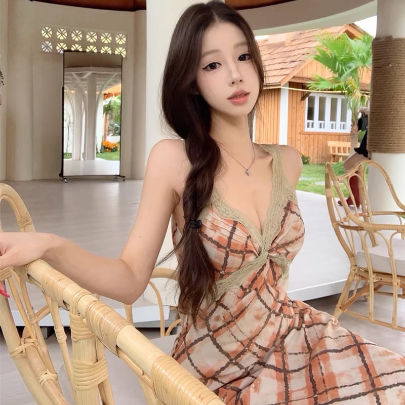 【dress】チェック柄ロングキャミワンピース Q8206