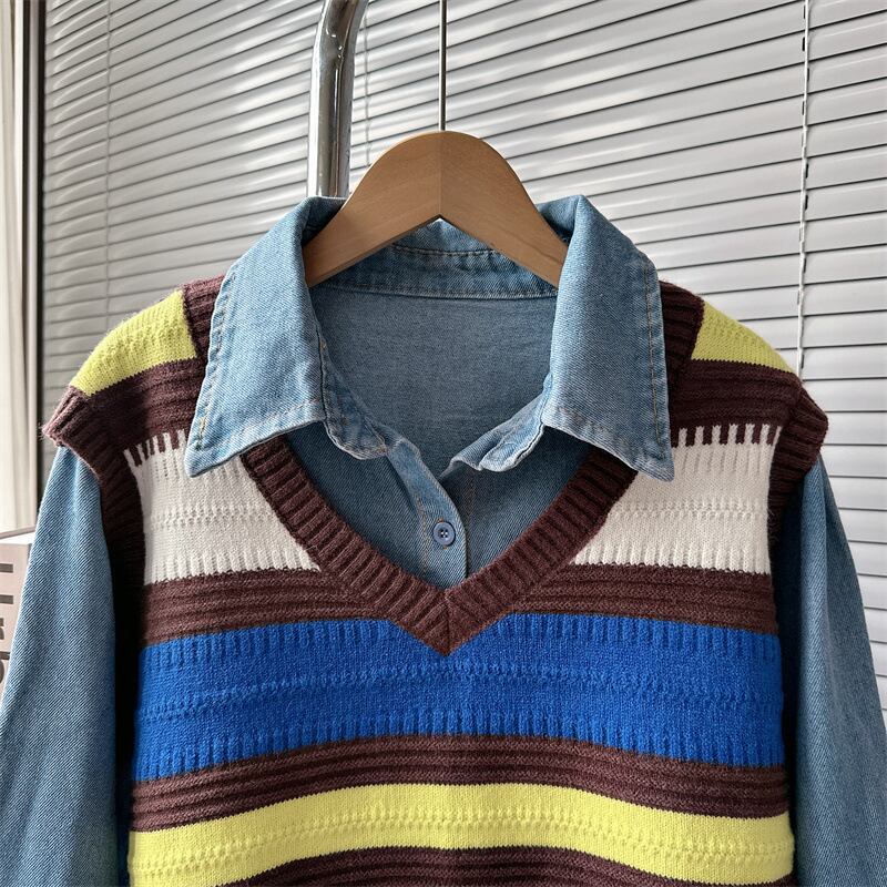 【tops】ニットドッキングシャツトップス　M18716