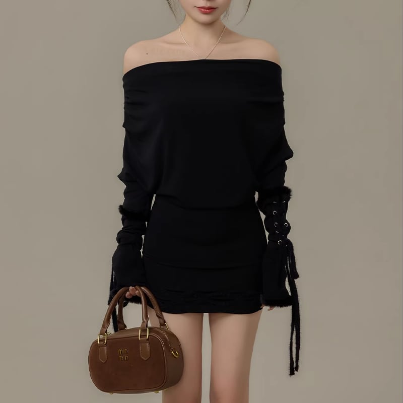 【dress】ファー付きオフショルダーニットワンピース Q7730