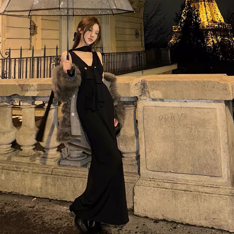 【dress】スカーフ付きノースリーブリボンロングワンピース Q7817