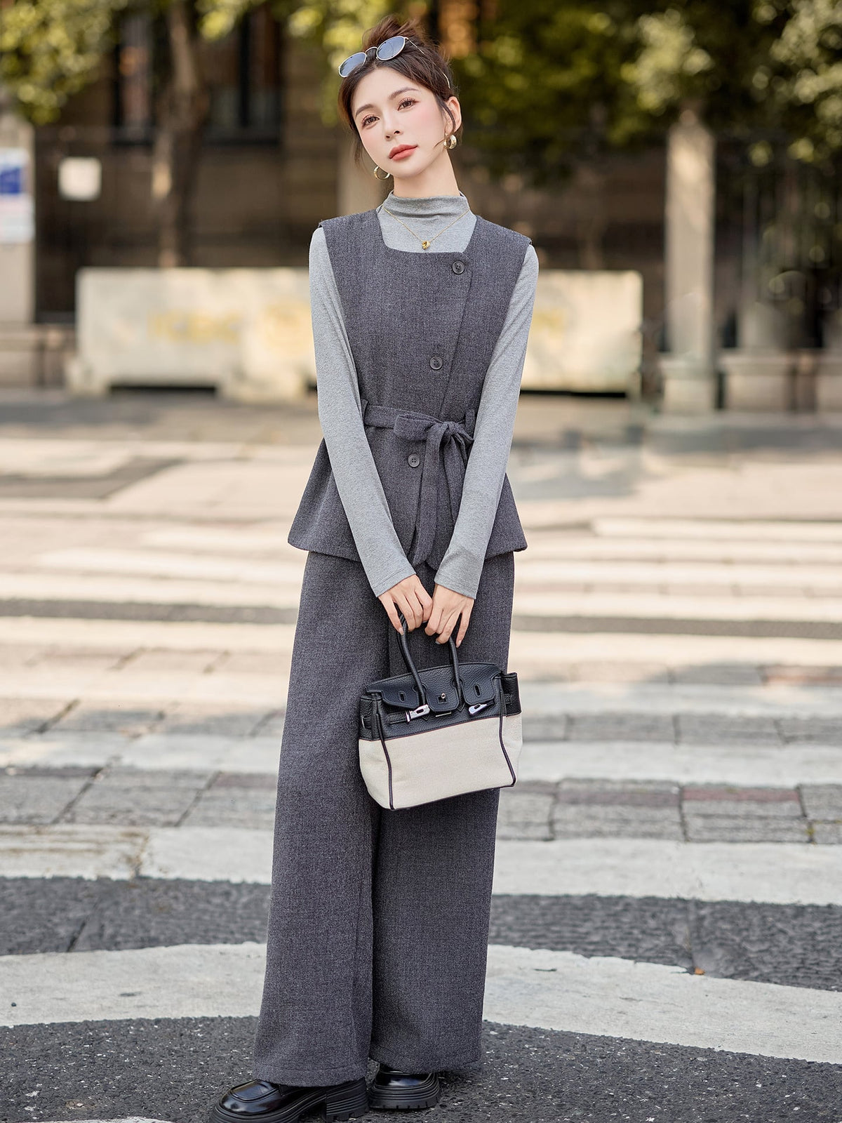 【set】ベスト×ハイネックトップス×ワイドパンツ3点セット Q6976