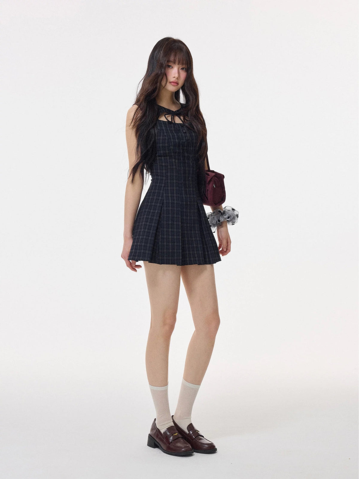 【dress】フロントリボンチェックミニワンピース　N3531