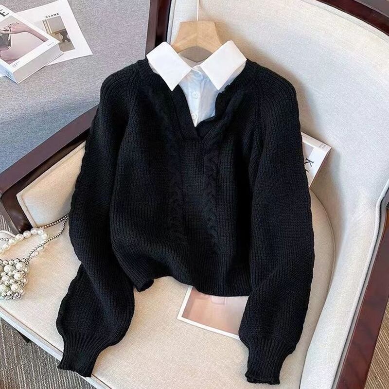 【tops】フェイクレイヤードニットトップス Q6986