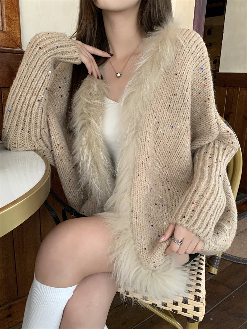 【outer】スパンコールファーニットカーデ　M28409