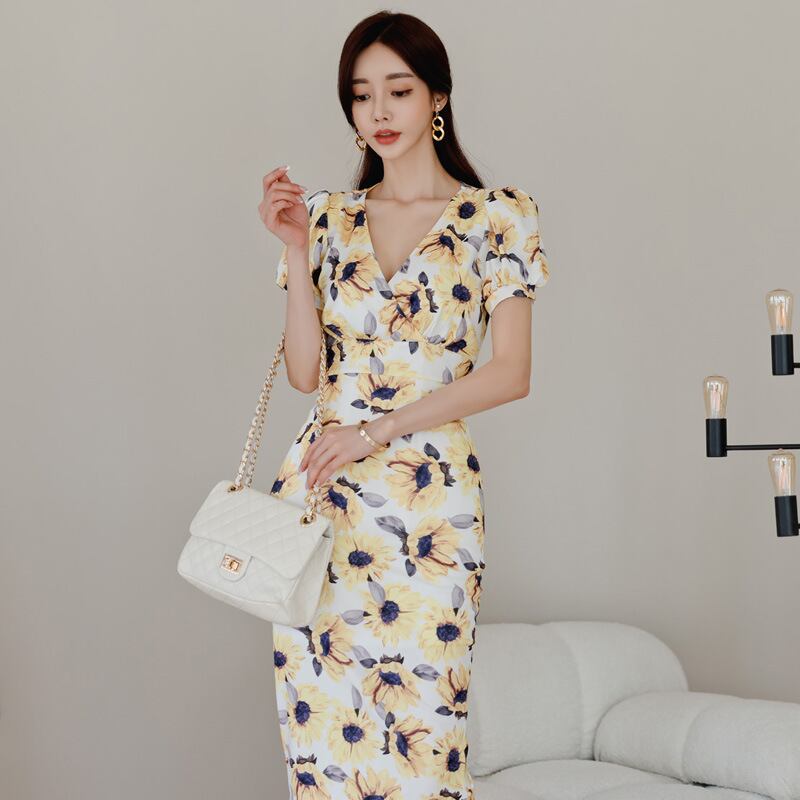 【dress】Vネック花柄パフスリーブワンピース G21005