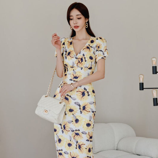 【dress】Vネック花柄パフスリーブワンピース G21005