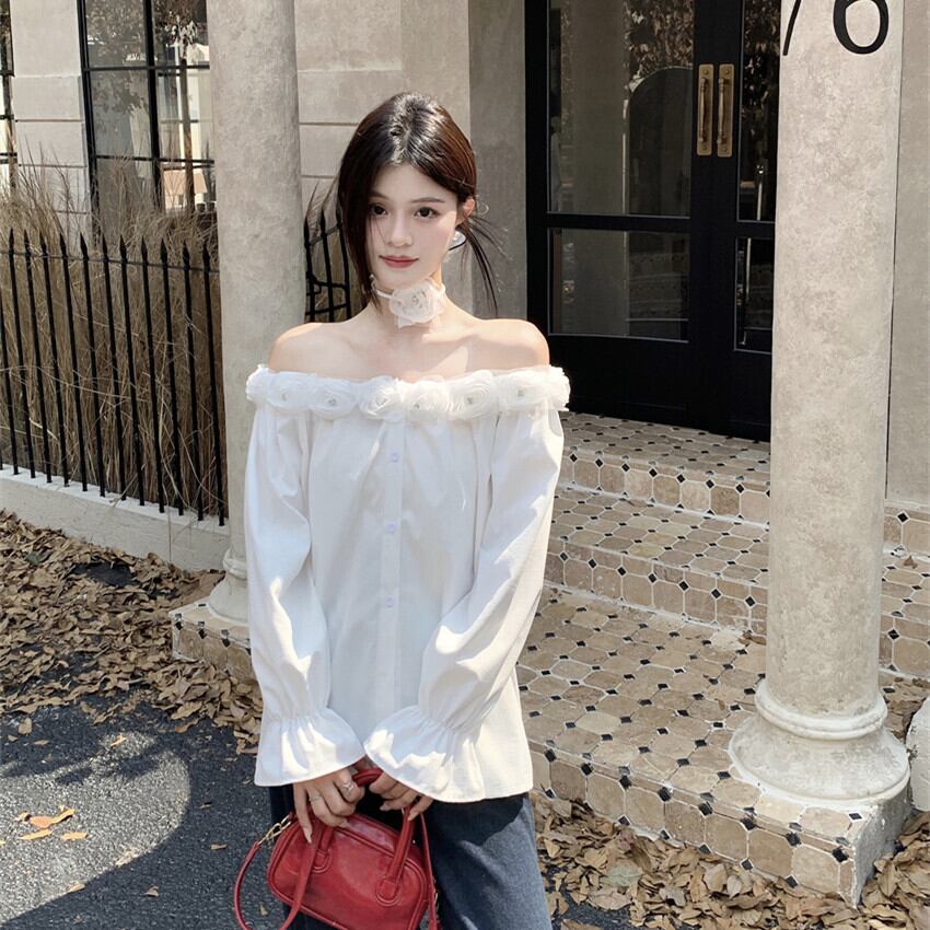 【tops】ボートネック立体フラワーシャツトップス　M29555