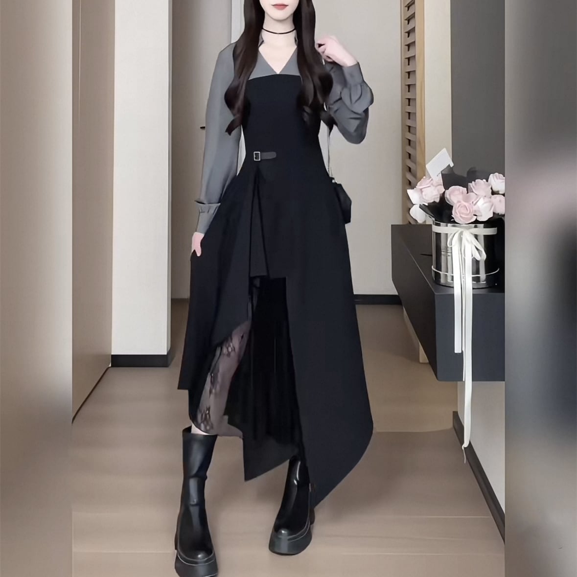 【dress】レースドッキングイレヘムワンピース　N3296