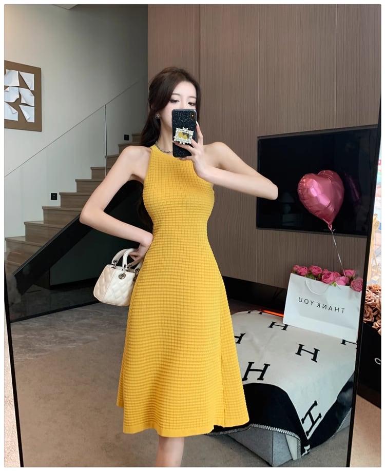 【dress】ホルターネックAラインニットワンピースF7458