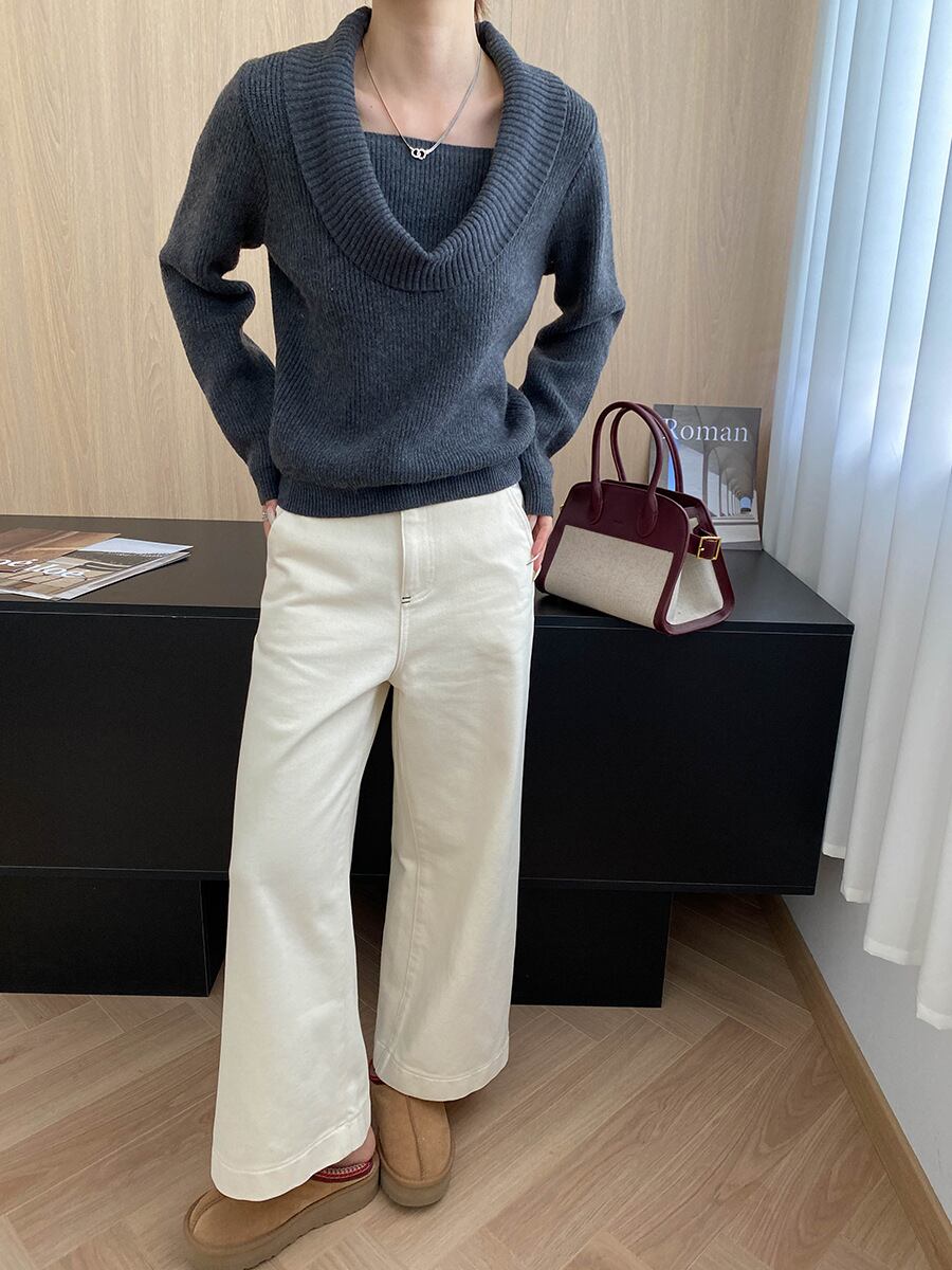 【tops】5色展開ドレープドネックニットトップス Q7379