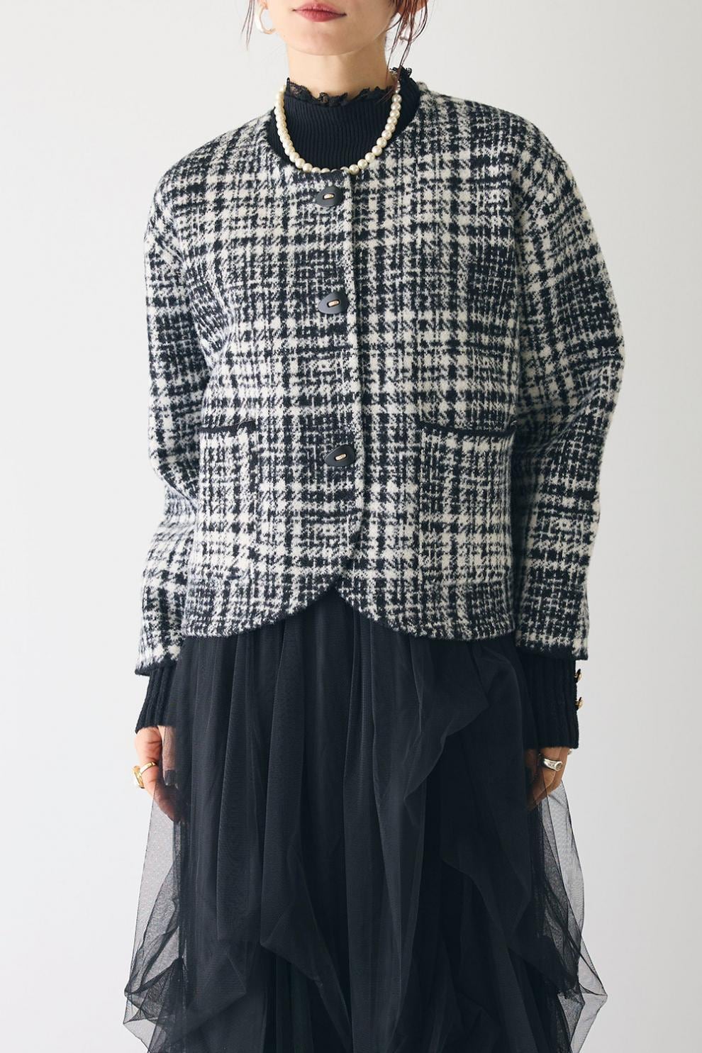 【outer】チェック柄ショートコート　M28385
