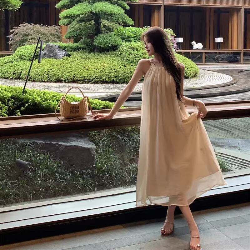 【dress】ホルターネックチュールロングワンピース Q8251