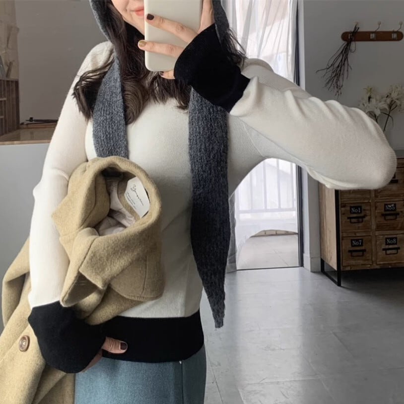 【tops】ハイネック配色ニットトップス　M28613