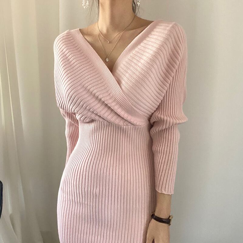 【dress】好感度UP!気質満点 韓国系スリット体型カバー長袖Vネック着痩せニットワンピース G2947