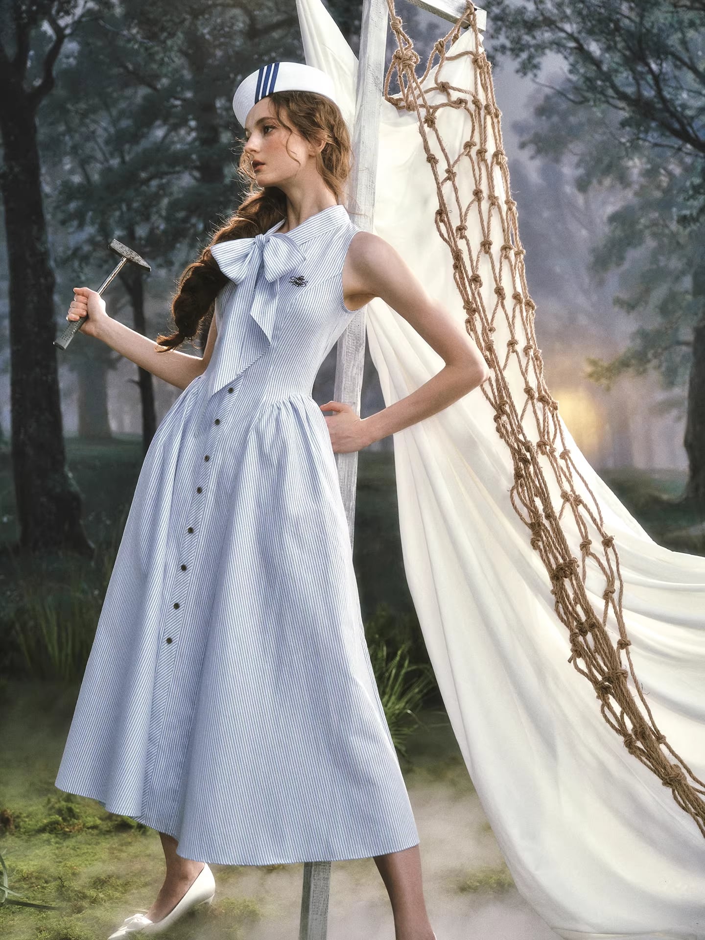 【dress】リボン付きストライプ柄ベストワンピース Q8458