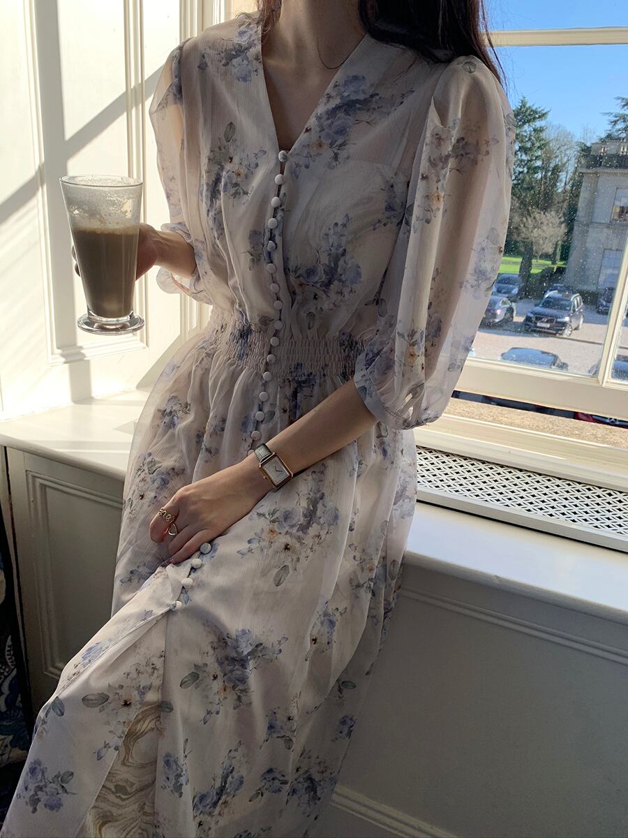 【dress】Vネック花柄シフォンワンピース G20747
