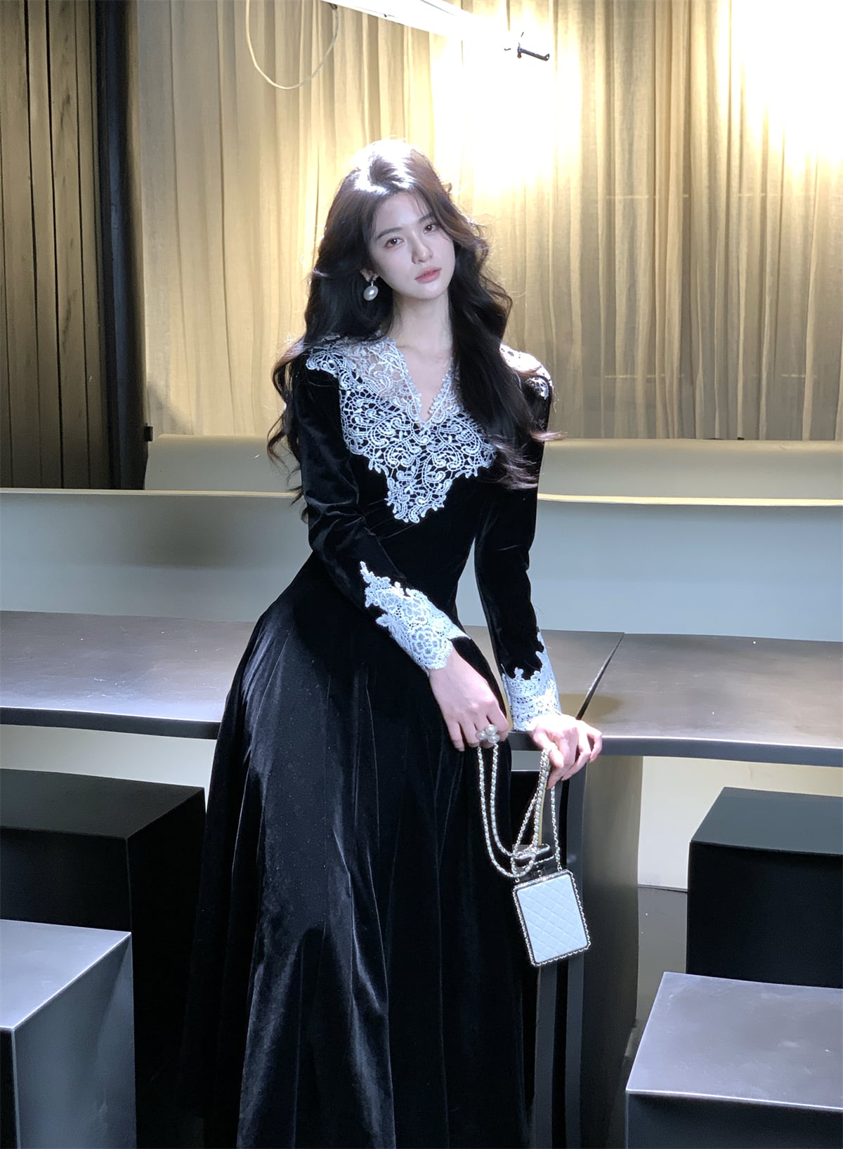 【dress】レーストリミングベロアワンピース　N3476