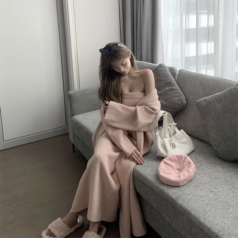 【set】ロング丈カーディガン×ベアトップワンピースセット　N2799