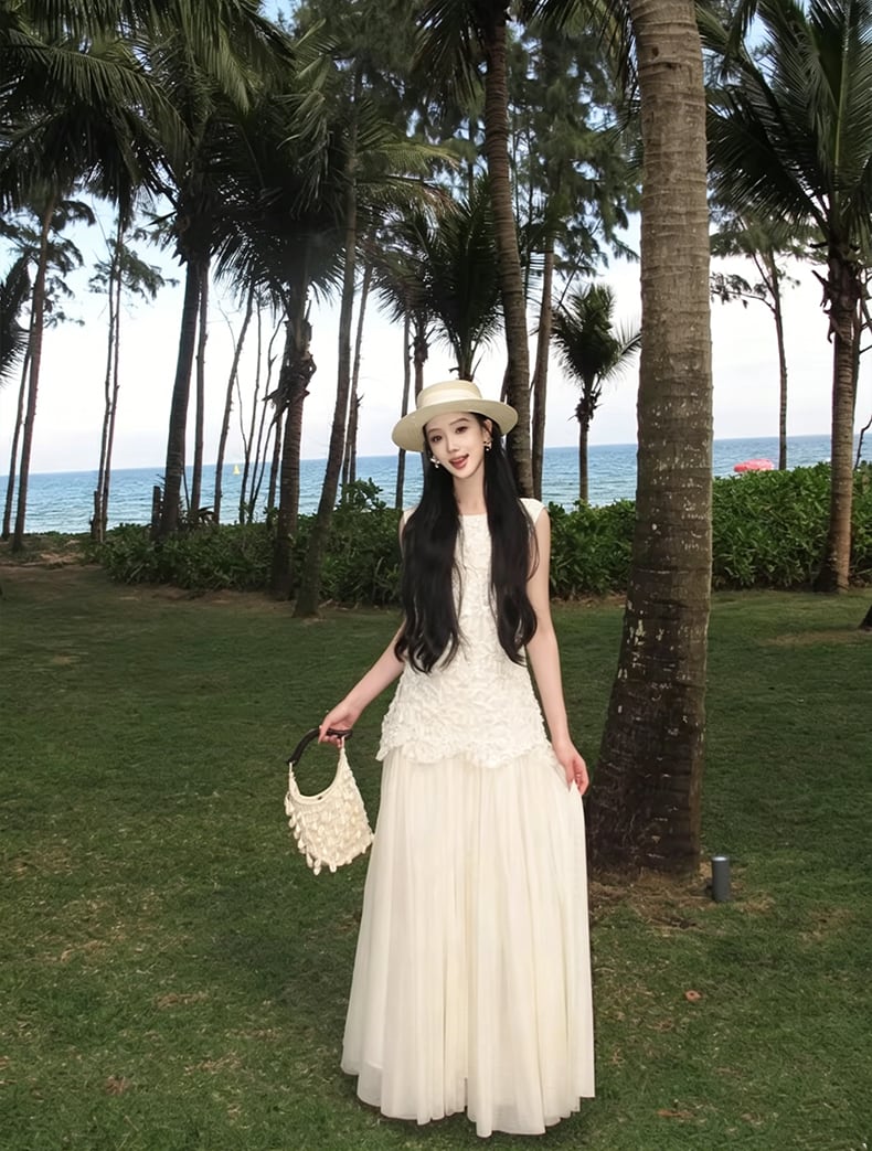 【dress】ノースリーブレースドッキングロングワンピース Q8466