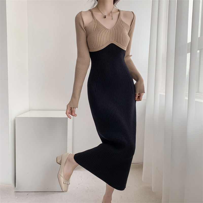 【dress】配色ニットワンピース　M25545