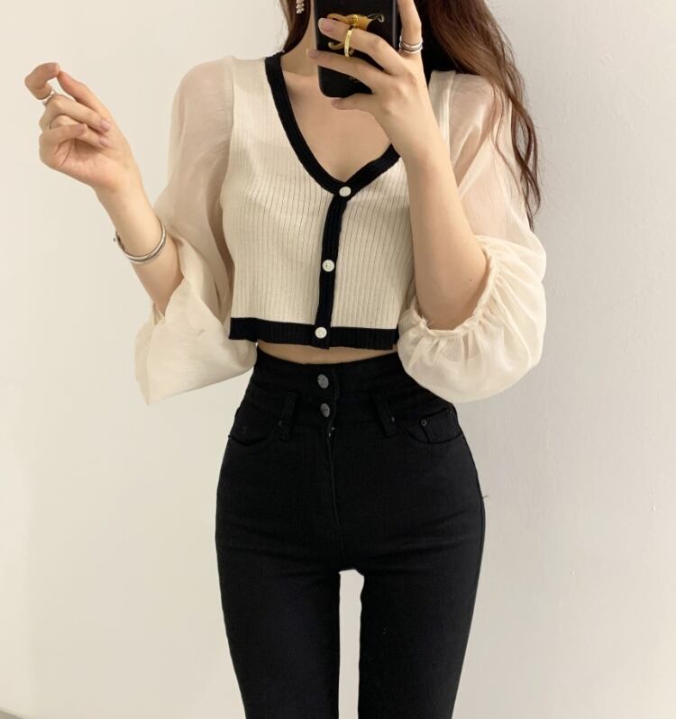 【tops】Vネック ランタンスリーブ切り替えトップスニット G15684