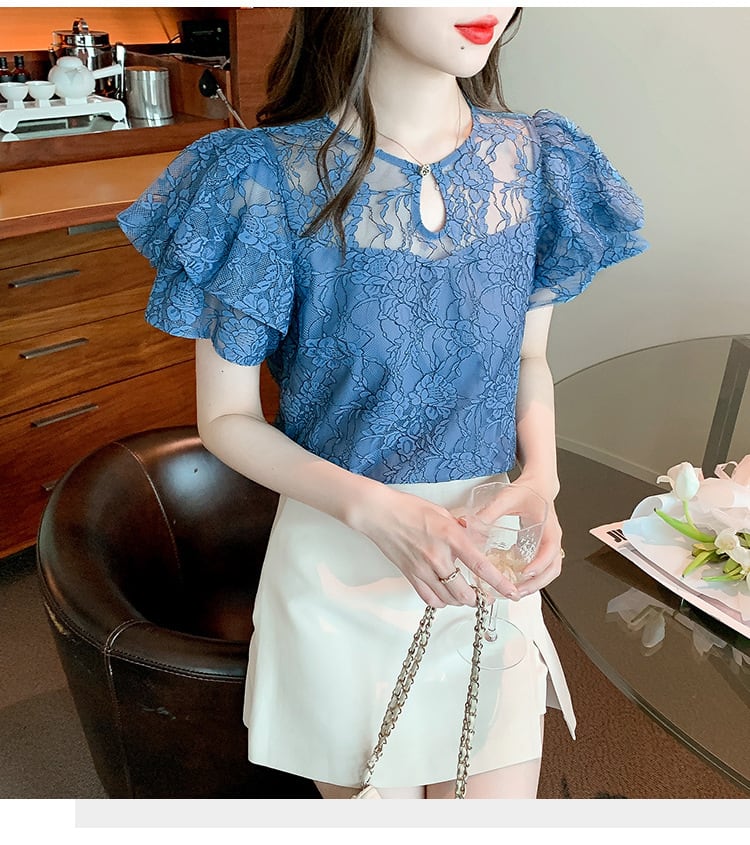 【tops】透かし彫りレースブラウスG21385