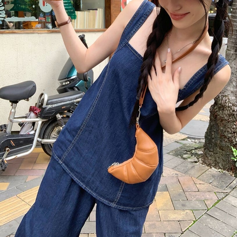 【set】バックリボンデニムトップス×ワイドパンツセット    N2682