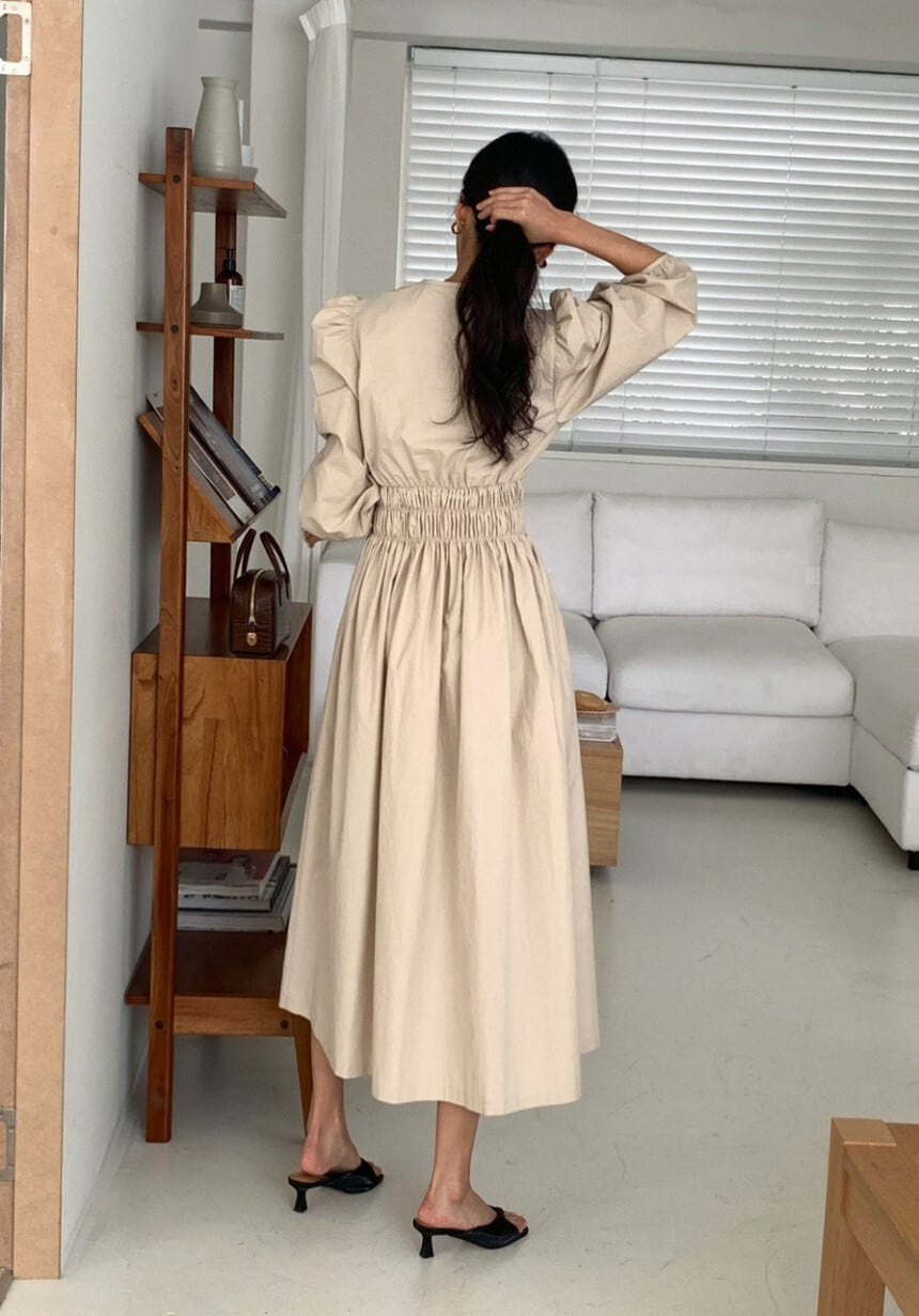 【dress】パフスリーブウエストギャザーワンピース　N2974