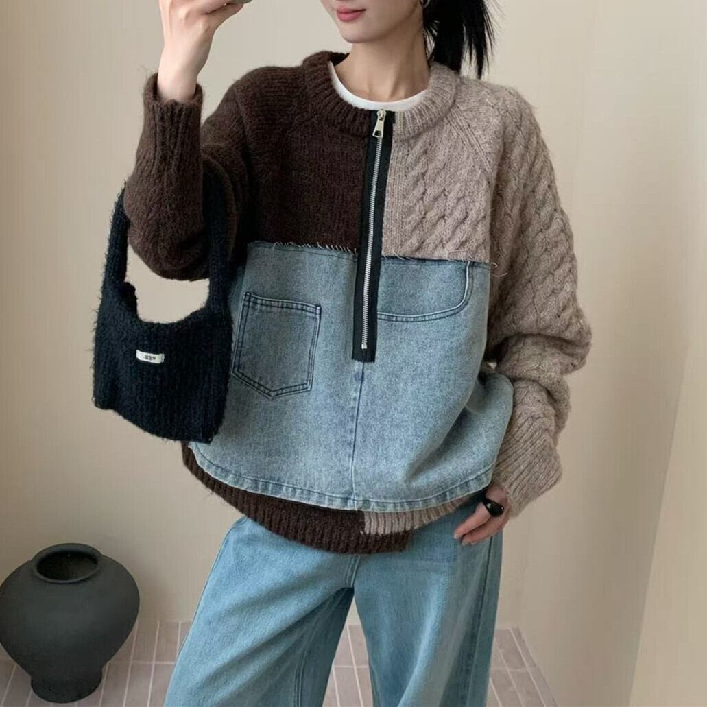 【tops】デニム切り替えニットトップス　N3288