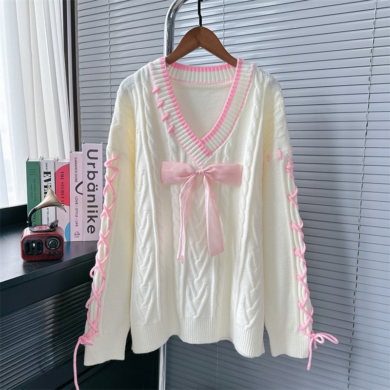 【tops】リボン付きレースアップニットセーター　N2714