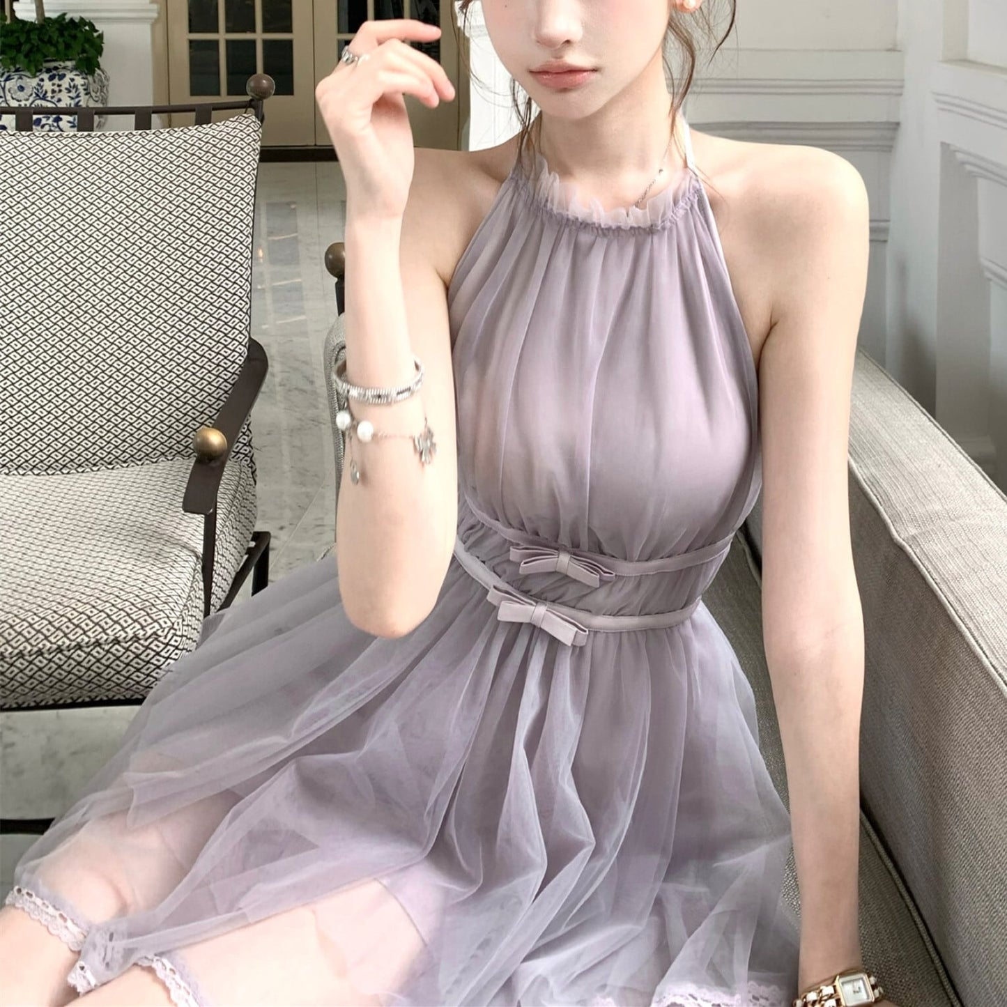【dress】バックリボンチュールミニワンピース　M31380