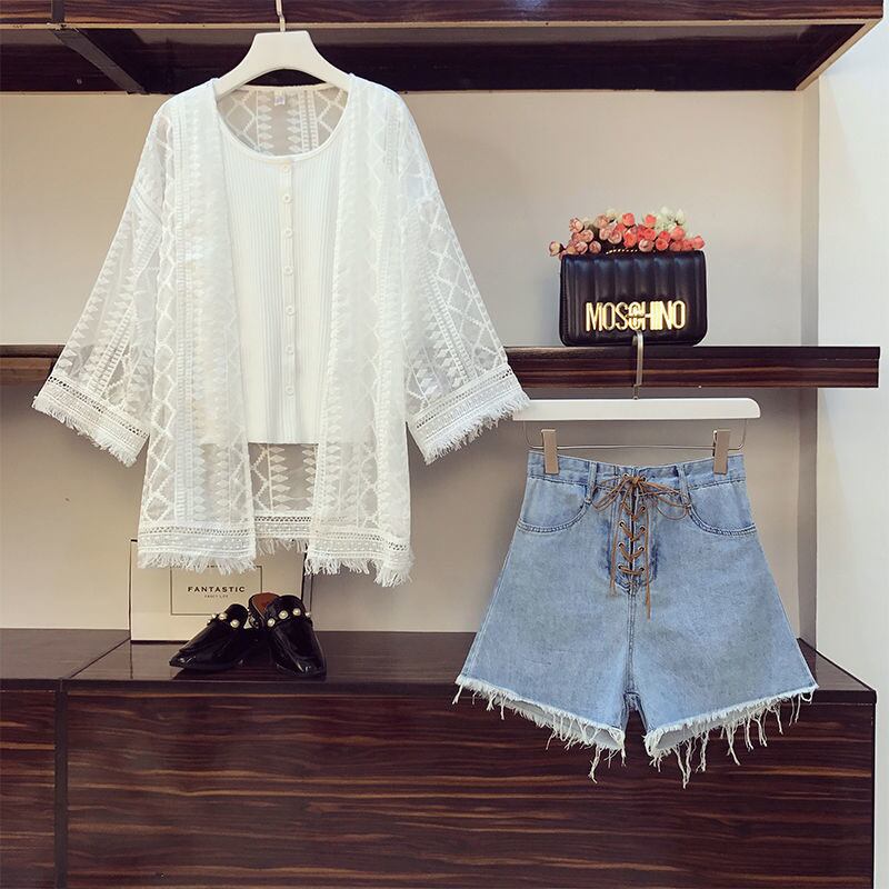 【set】好感度満載！3点セットレースカーディガン+無地タンクトップ+デニムショートパンツF0233