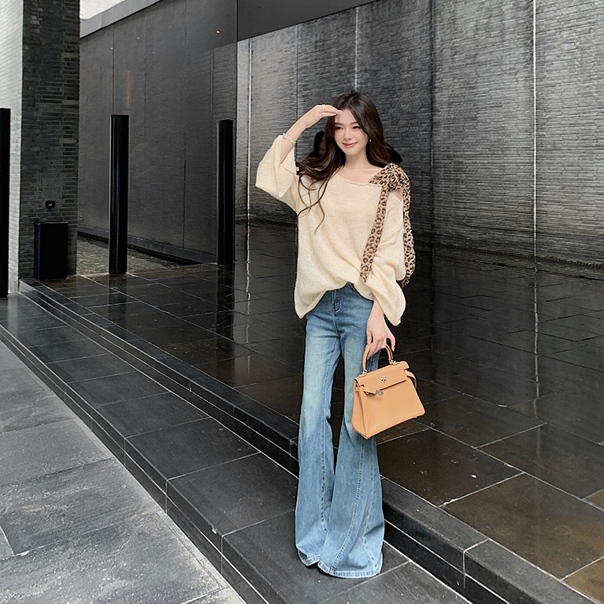 【tops】ヒョウ柄ショルダーリボンニットトップス　N3333
