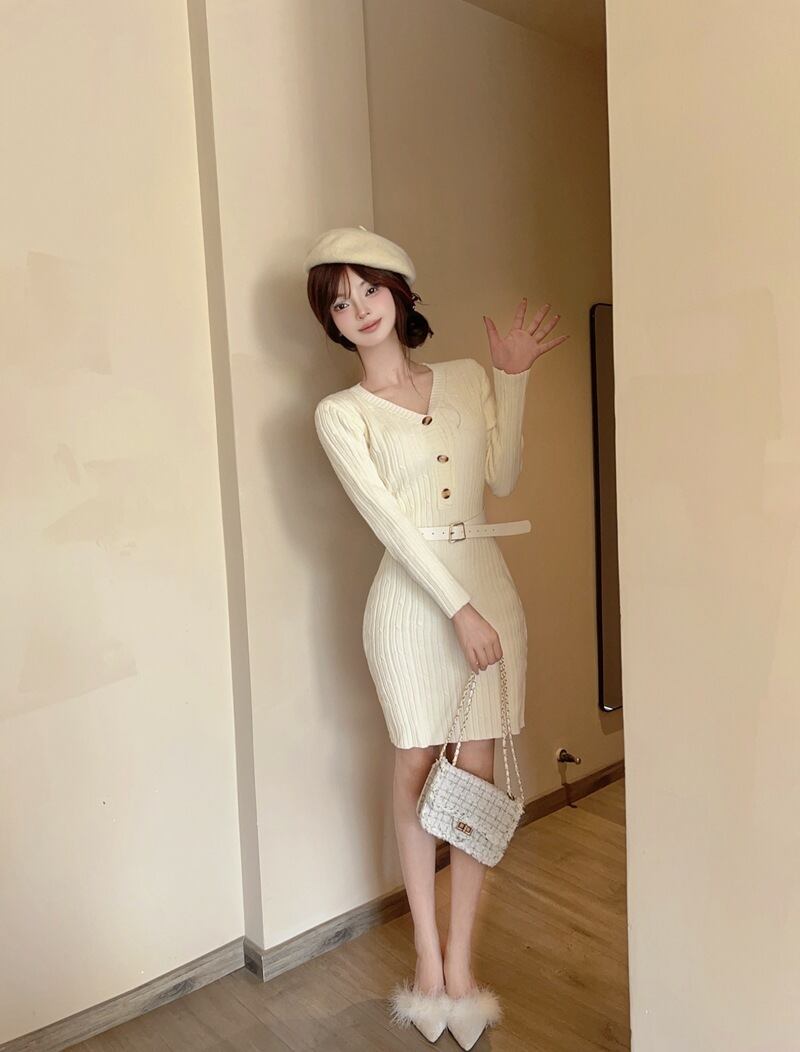 【dress】Vネックニットワンピース　M28378