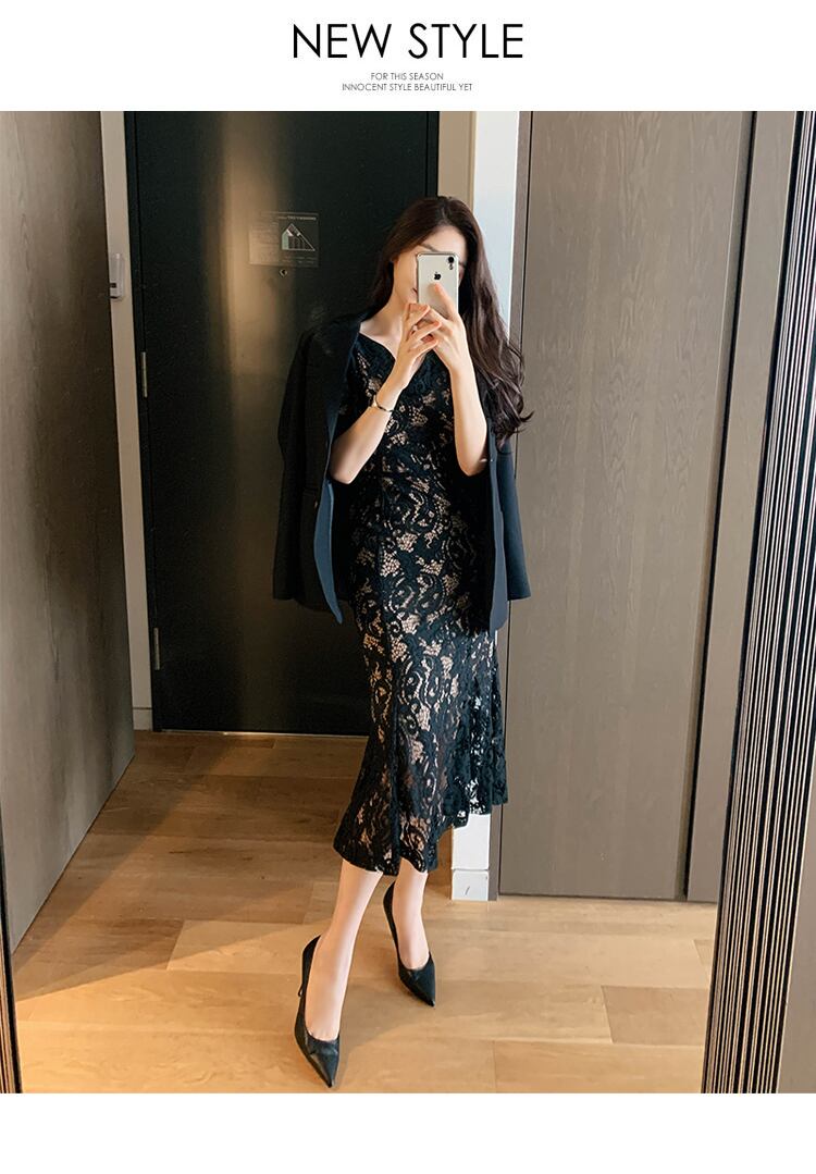 【dress】韓国ファッションVネック半袖レース体型カバー気質淑女マーメイドワンピースF0293