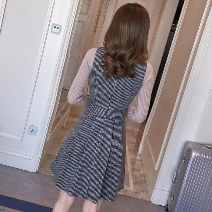 【set】話題沸騰中2点セット無地セーター+ウェスト絞りチョッキワンピース通勤日常セットアップF1277