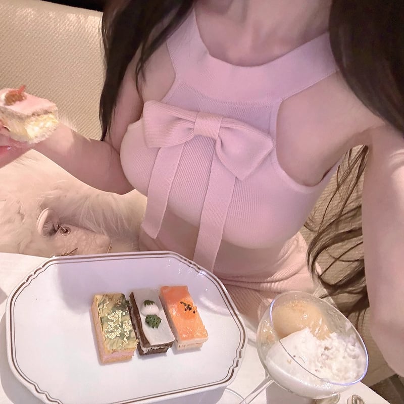 【dress】リボン付きホルターネックニットワンピース Q7374
