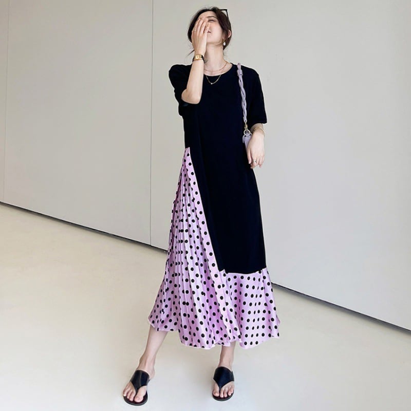 【dress】ドット柄切り替えワンピース　M25160