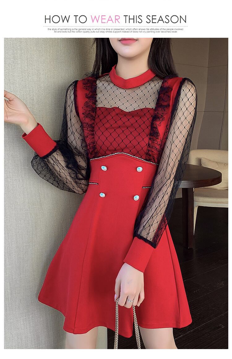 【dress】エレガント!気質満点レトロ切り替え長袖体型カバー着痩せ春フランス風ワンピース G5325