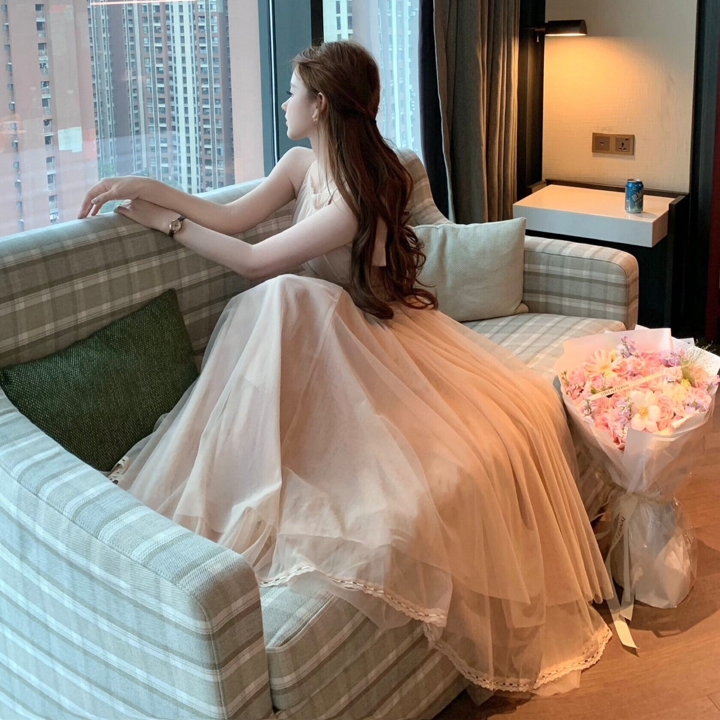 【dress】バックリボンチュールロングワンピース　N3217