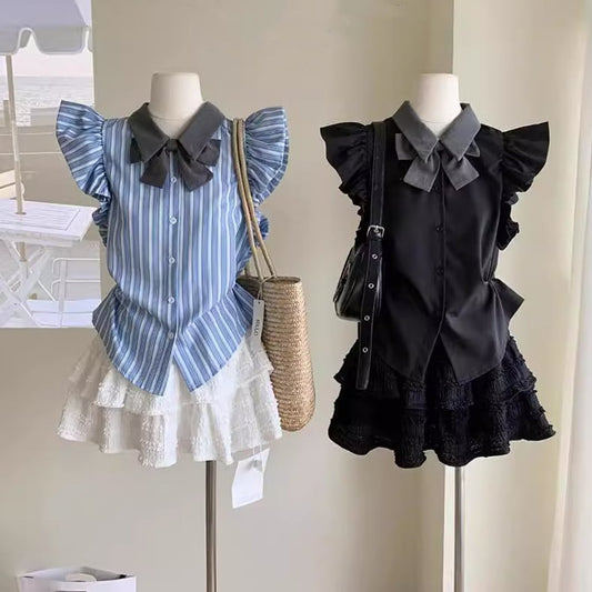 【tops】リボンストライプ柄ブラウスG21440