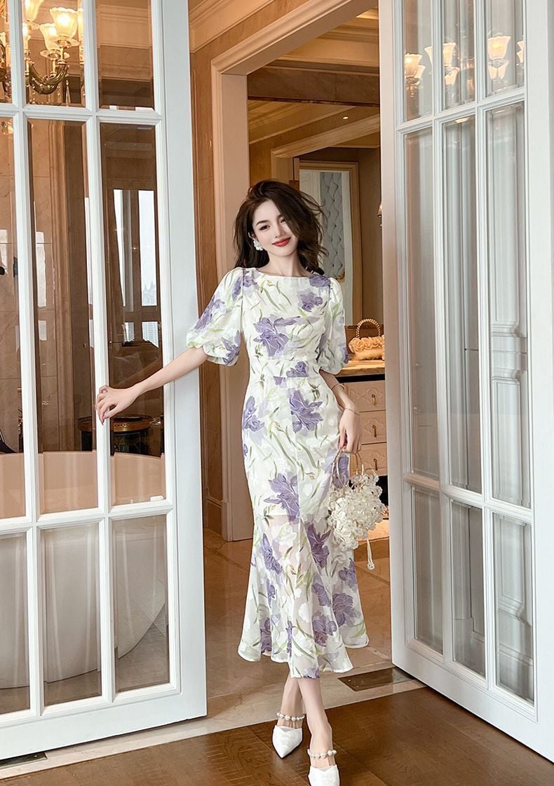 【dress】オシャレ度満点〜OL通勤夏新作ラウンドネック半袖パフ袖花柄配色ワンピースF5441