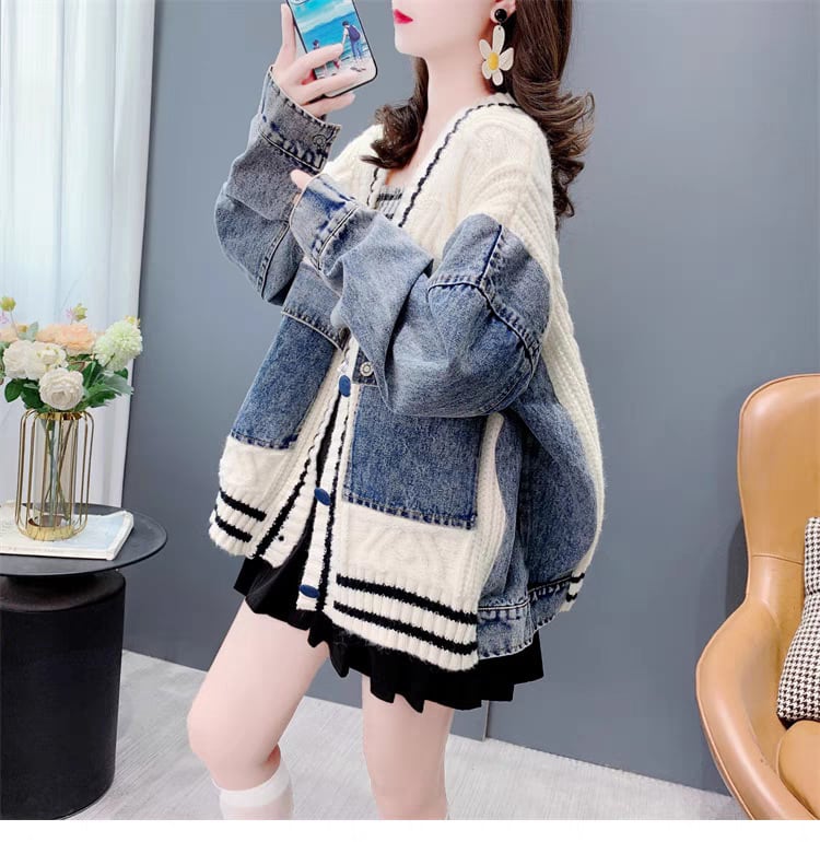 【outer】デニム切り替えニットカーデ　M25747