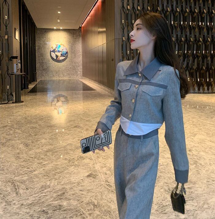 【set】偽二つ切り替えトップス+パンツセットアップF6077